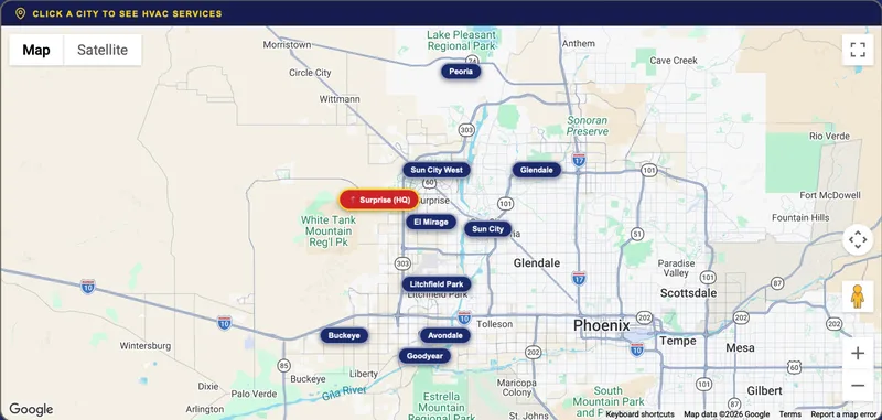 Bradford Heating & Cooling service area map — Surprise, Peoria, Glendale, Goodyear, Buckeye, Sun City, Sun City West, El Mirage, Litchfield Park & Avondale, AZ